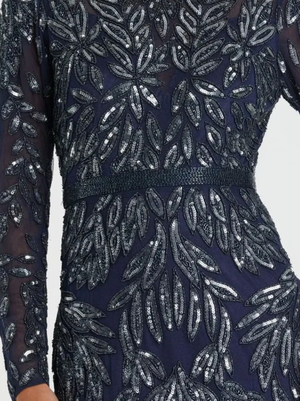 Mac Duggal Navy Long-Sleeve Sequin Leaf Embellished Gown